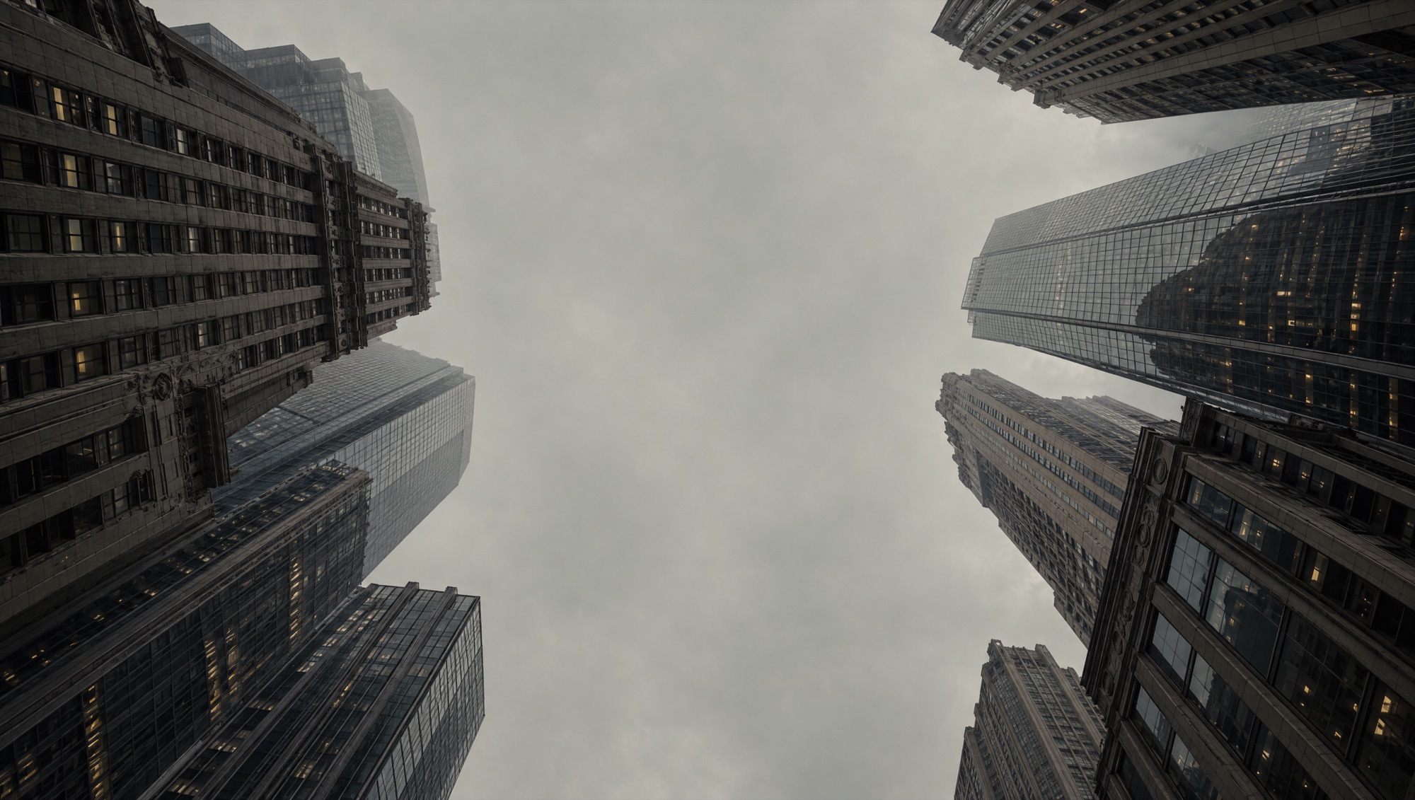 Looking straight up between New York skyscrapers into a pale sky