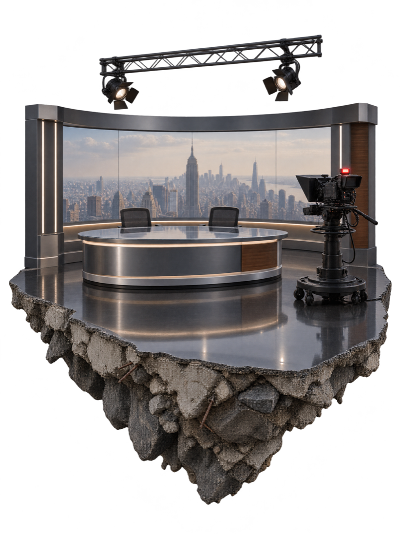 A floating fragment of a New York TV studio with an anchor desk and a broadcast camera